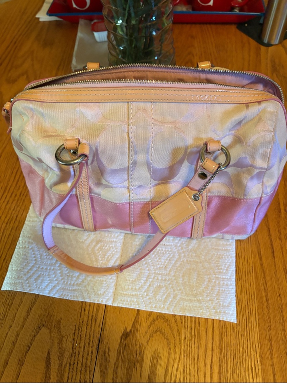 Coach Pink Signature Satin Satchel with Leather Trim